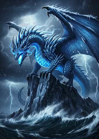 Blue Dragon on Stormy Cliff