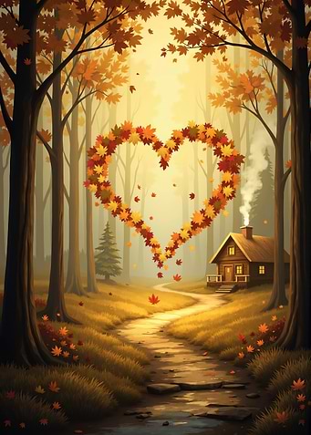 Autumn Forest Path with Heart of Leaves