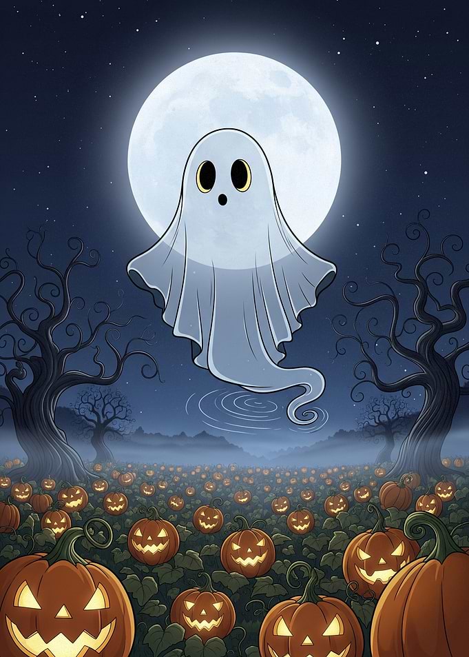 Halloween Ghost over Pumpkin Patch
