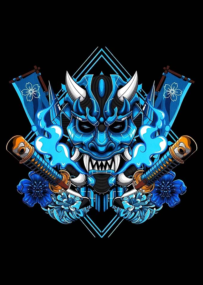 Blue Oni Mask with Swords and Flowers