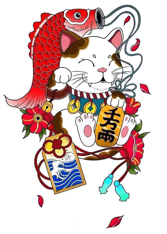 Maneki Neko with Koi and Amulet