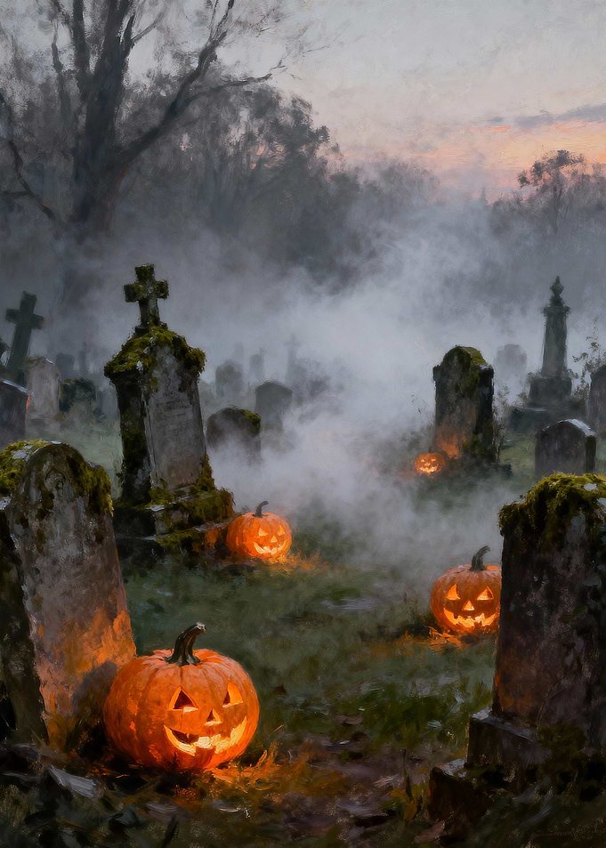 Halloween Pumpkins in a Misty Graveyard