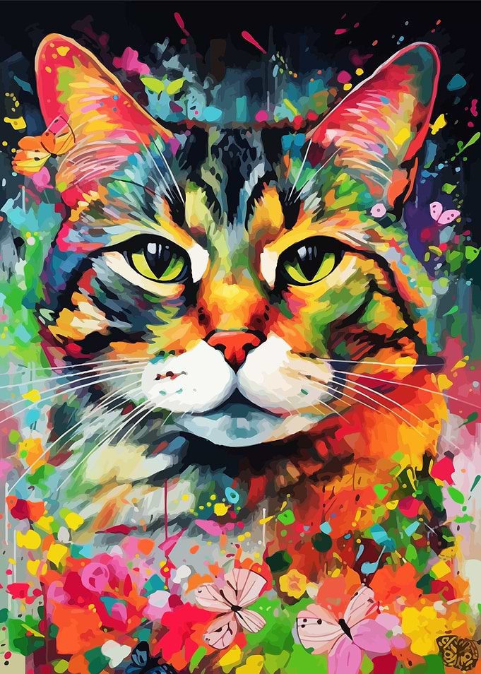 Colorful Cat Portrait with Butterflies Animal