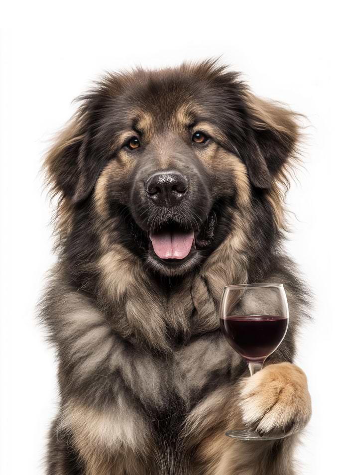 Tibetan Mastiff dog with Wine Glass Portrait