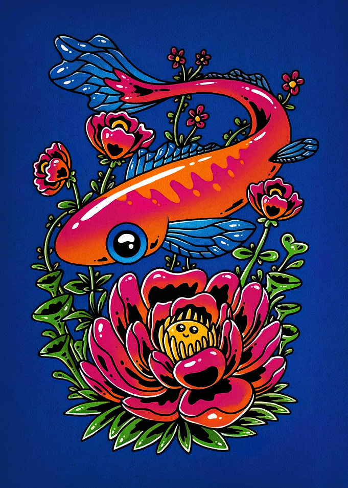Koi Fish and Lotus Flower Illustration