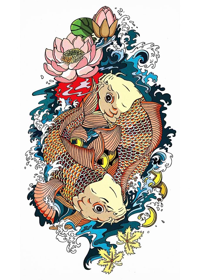 Koi Fish with Lotus Flower Illustration