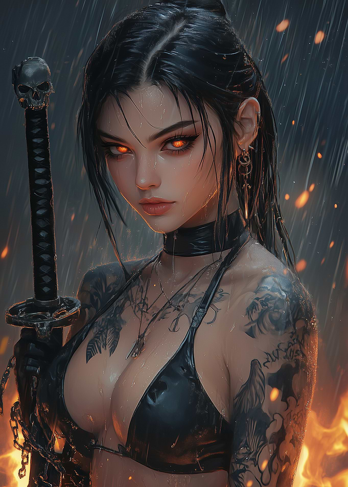Tattooed Warrior Woman with Katana