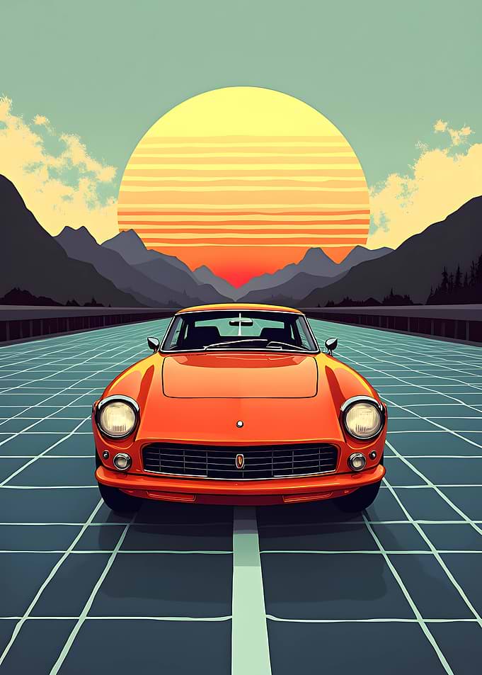 Retro Orange Car on Grid Road