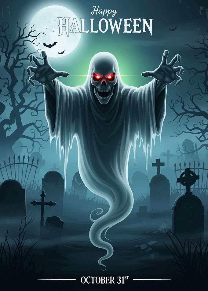 Happy Halloween Ghost in Graveyard Halloween2025