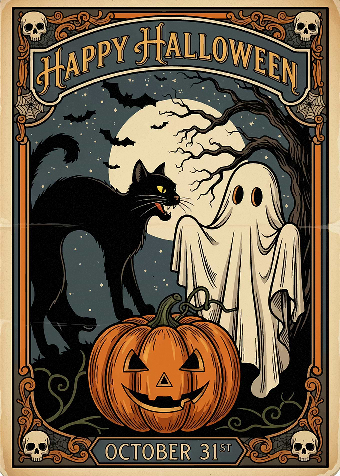 Vintage Halloween Poster with Cat and Ghost Halloween2025
