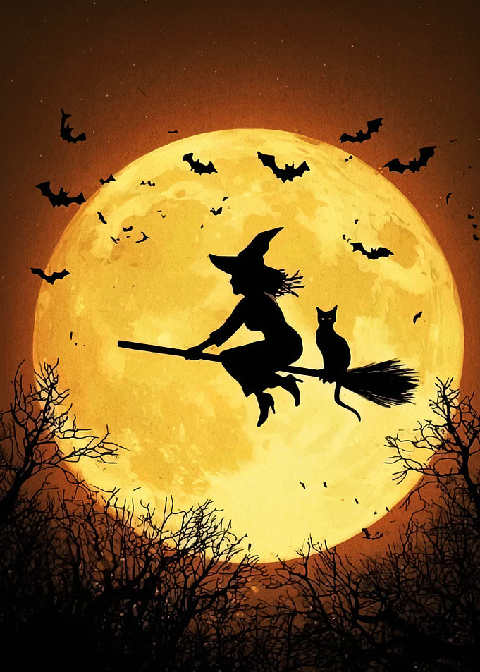 Witch and Cat Flying on Broomstick