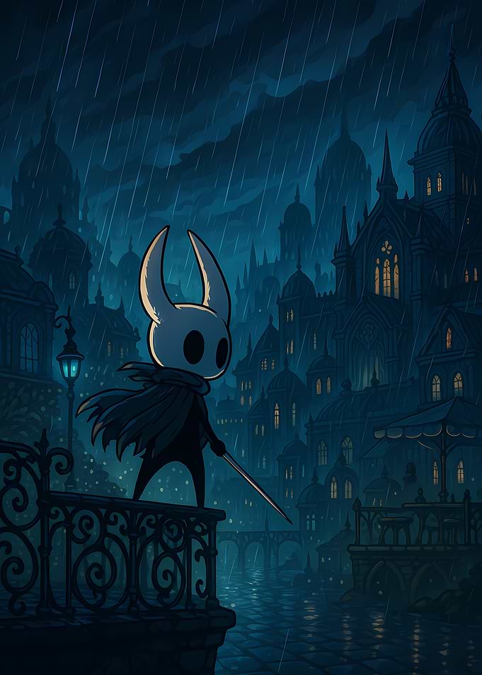 Hollow Knight in Rainy Cityscape