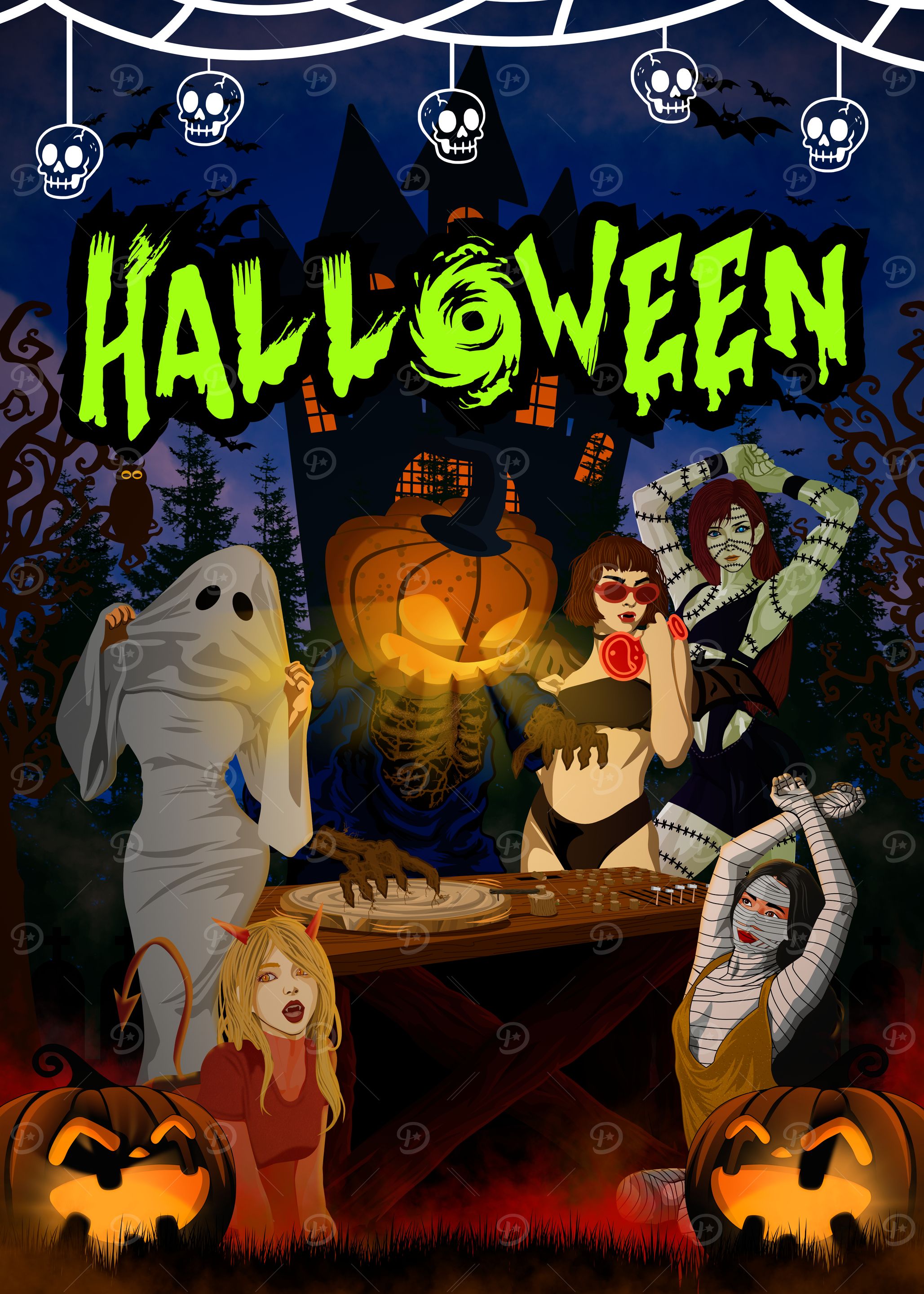 Halloween Party with Monsters and Pumpkins