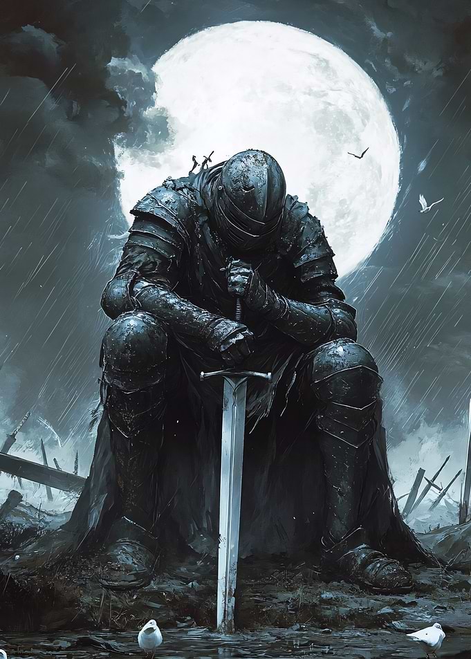 Medieval Knight in Armor Under Moonlight