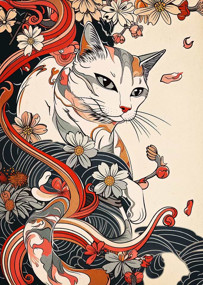 Elegant Cat with Floral Ornaments