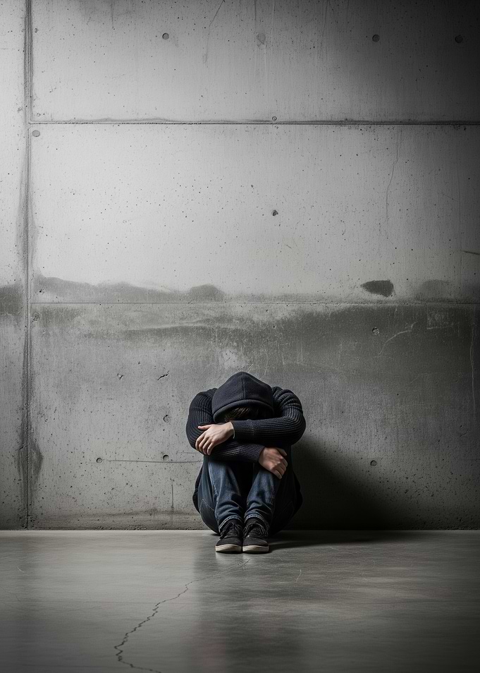 Person in despair against concrete wall