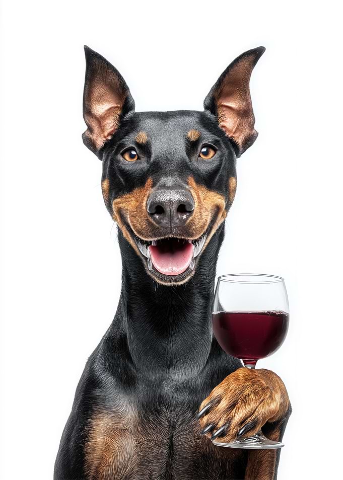 German Pinscher dog with Wine Glass Portrait
