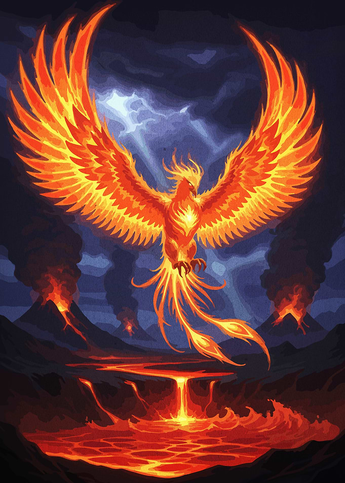 Fiery Phoenix Rising from Lava