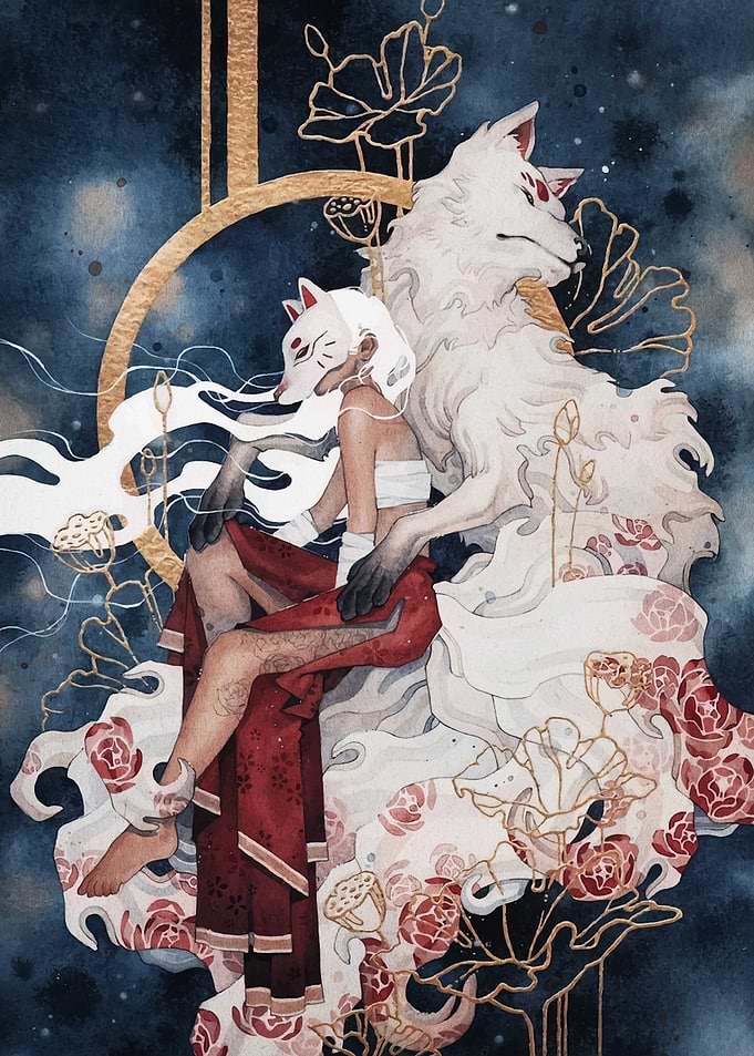 Fox Mask Girl and White Wolf