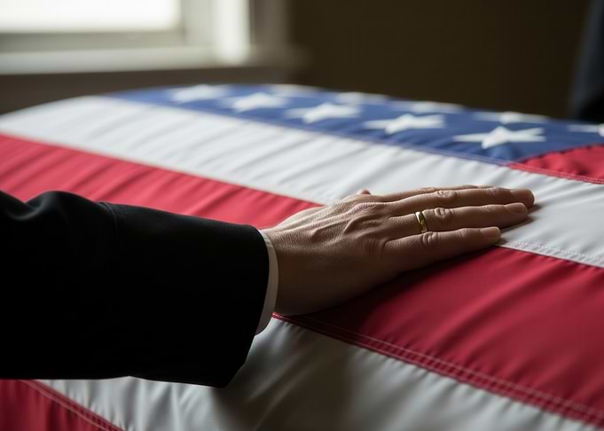 Hand on American Flag Casket
