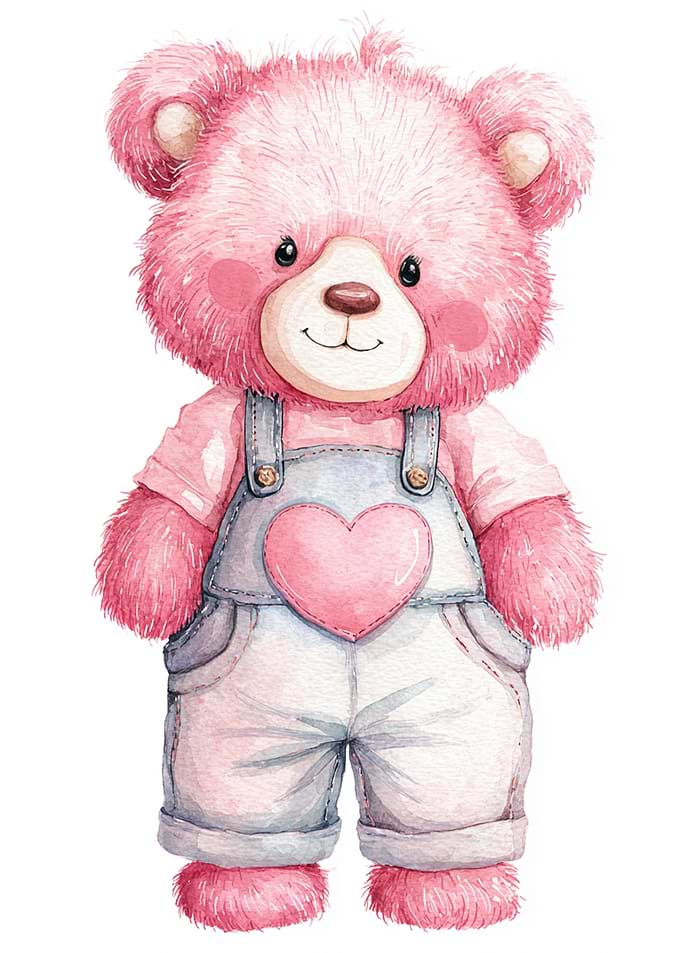 Watercolor Pink Teddy Bear with Overalls