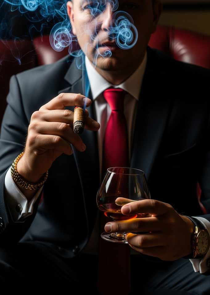 Man in Suit with Cigar and Drink