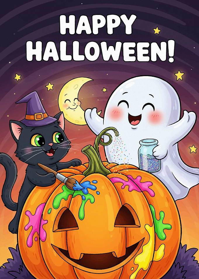 Happy Halloween Cartoon with Cat and Ghost Halloween2025