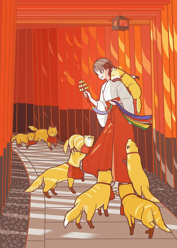 Miko with Foxes in Torii Gate