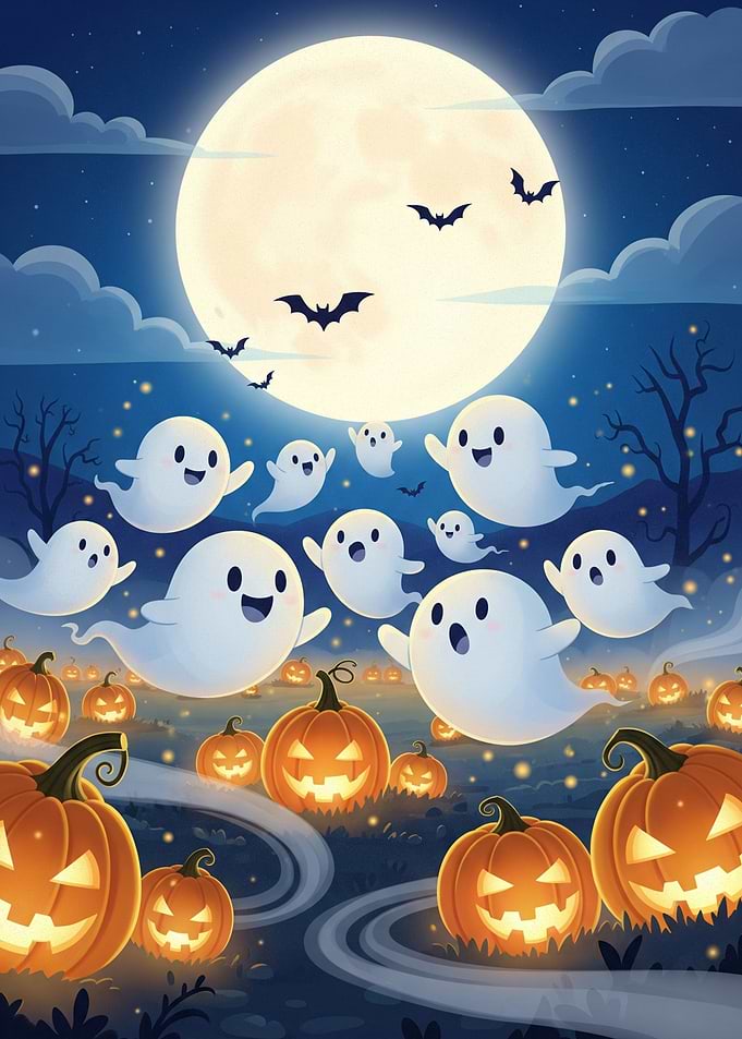 Halloween Night with Ghosts and Pumpkins