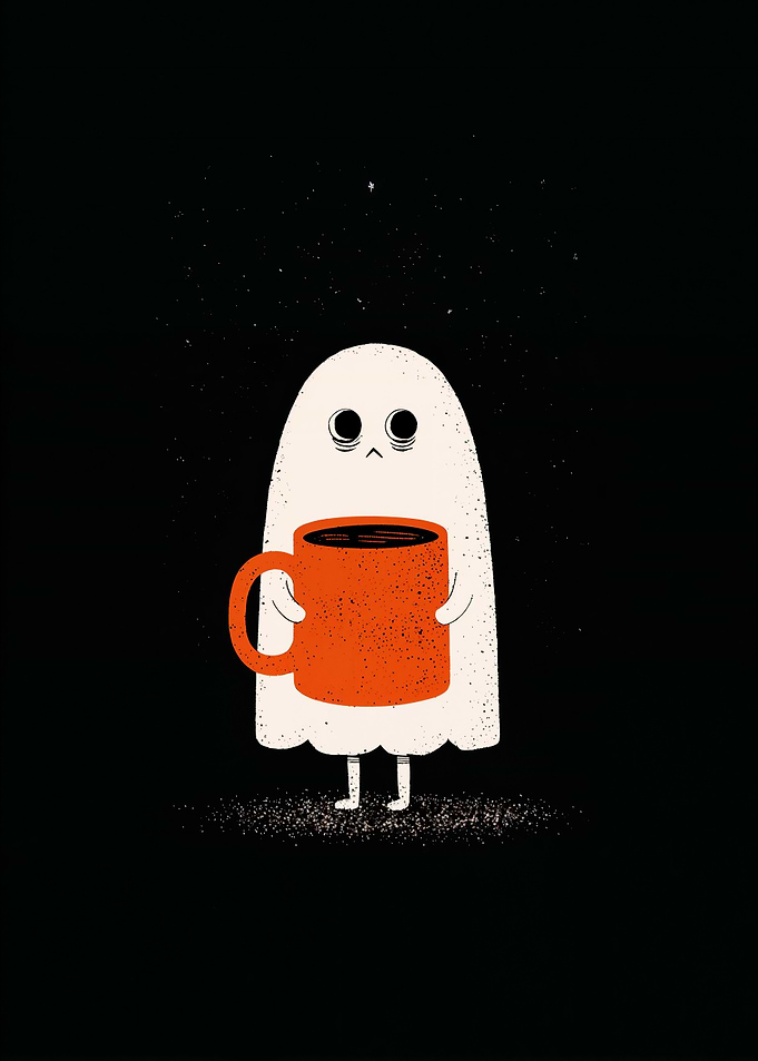 Sleepy Ghost with Coffee Mug