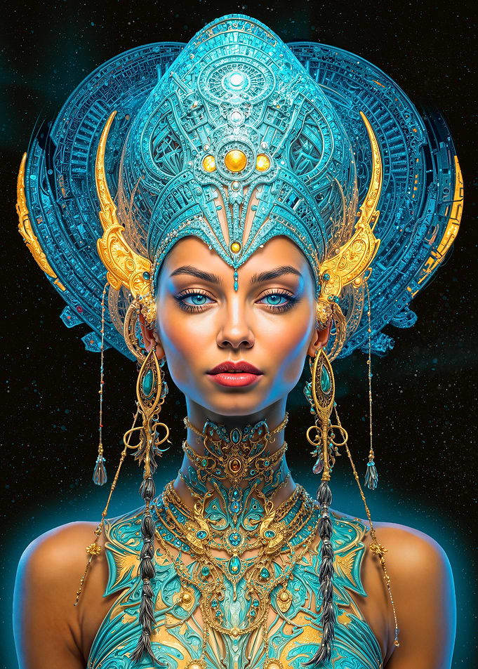 Cosmic Goddess with ornate headdress and jewelry