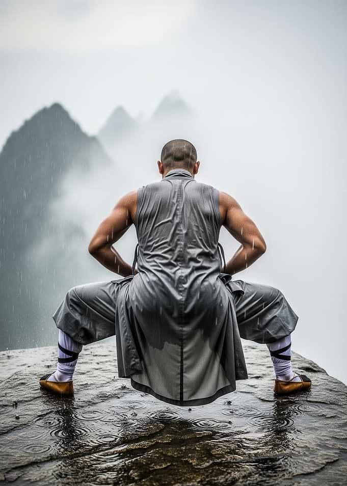 Shaolin Monk Meditating in Rain