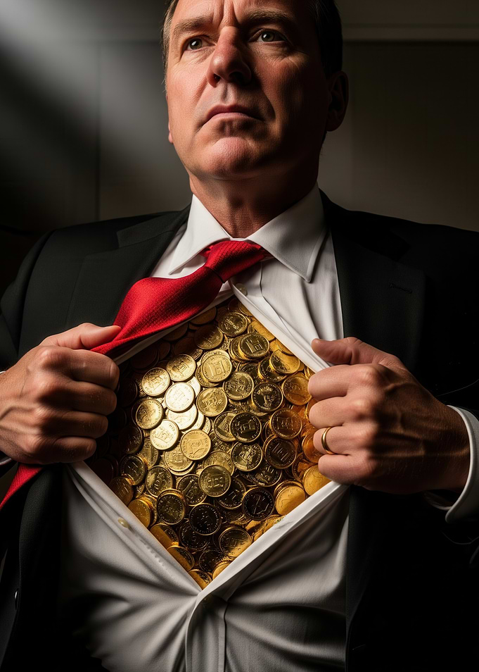 Man revealing chest full of coins