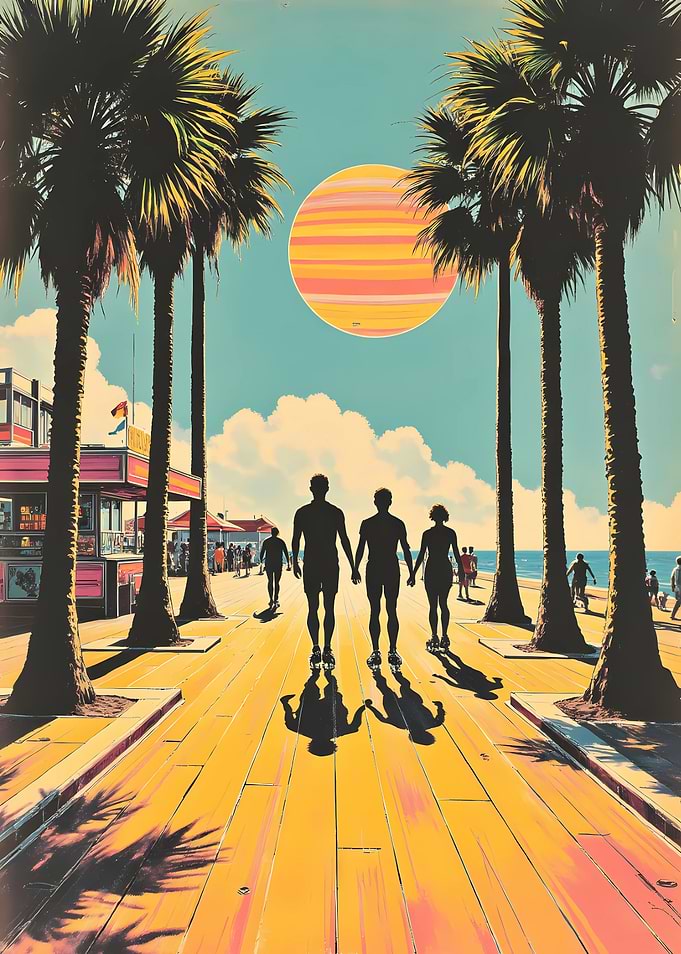 Beach Boardwalk with People and Palm Trees