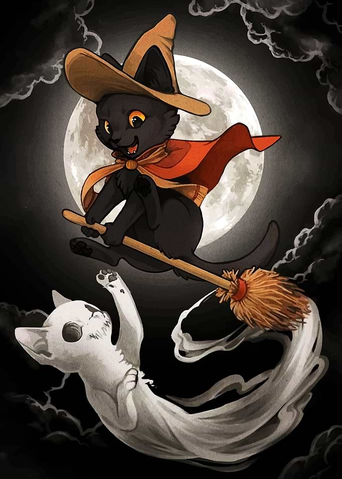 Halloween Cats Flying on Broomstick