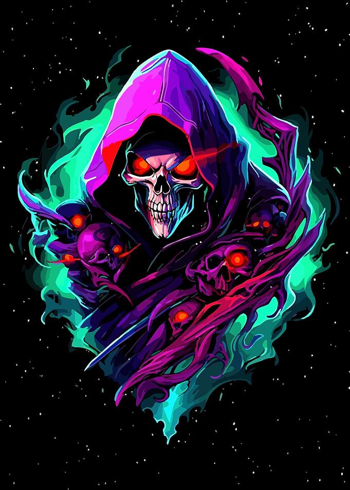 Neon Grim Reaper with Skulls