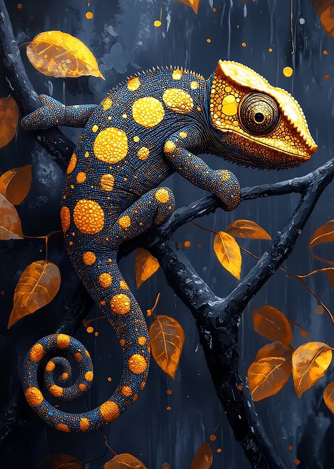 Chameleon on Branch with Golden Leaves