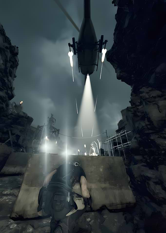 Helicopter Spotlight over Soldier