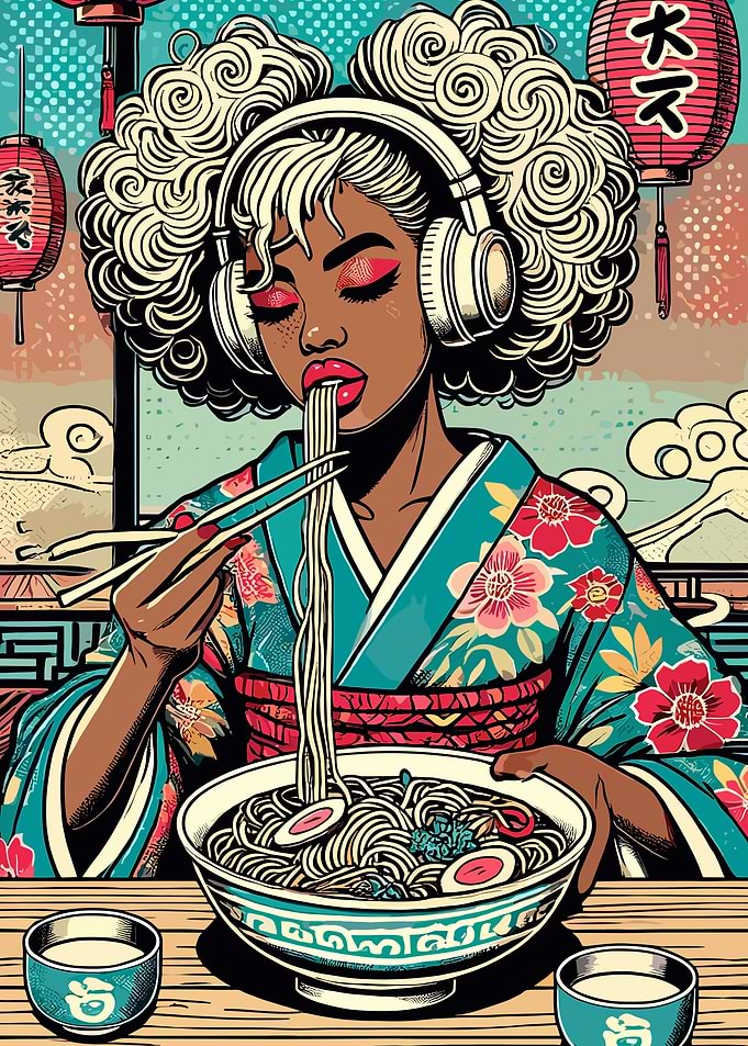 Woman with Headphones Eating Ramen