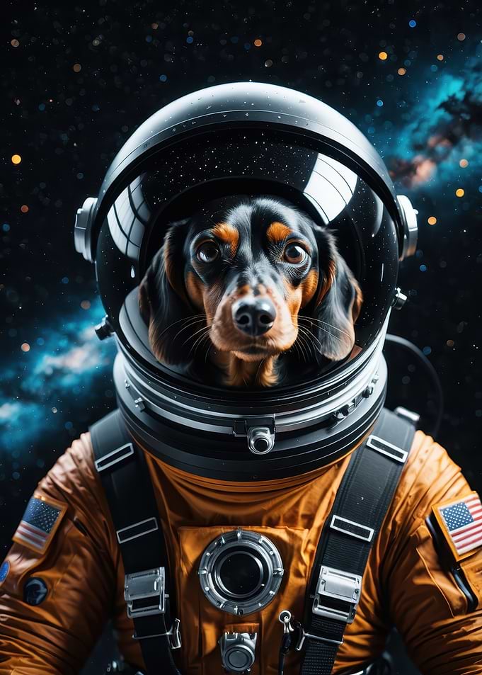 Dachshund Astronaut Portrait — Cinematic Space Dog in Orange Suit
