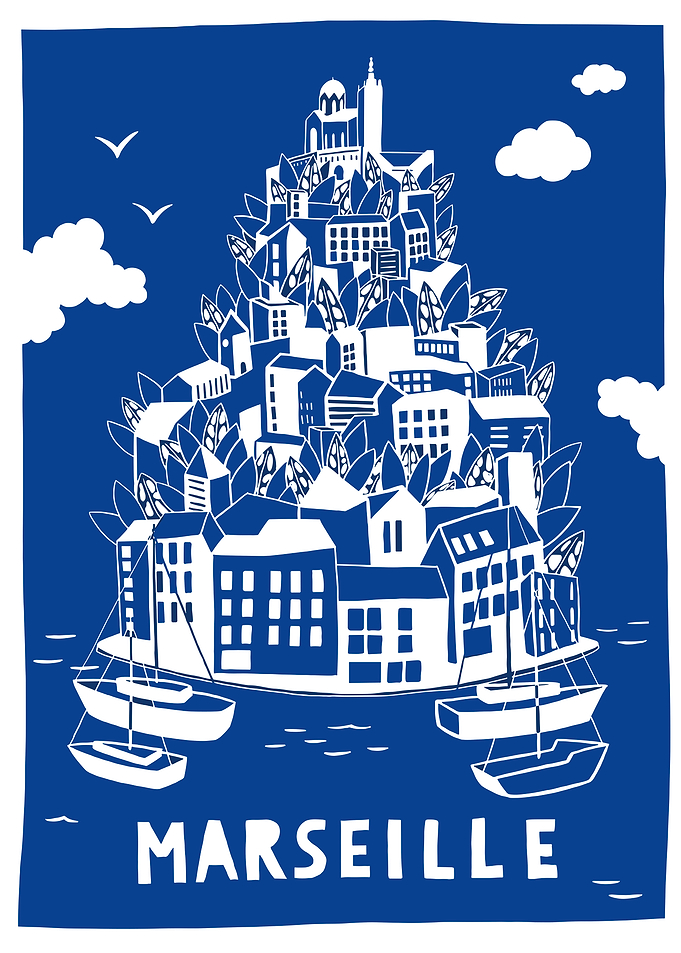 Marseille Cityscape Illustration in Blue and White