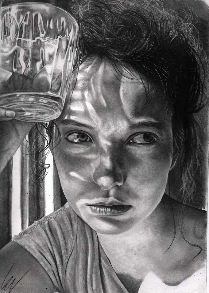 Pencil Portrait with Glass and Light