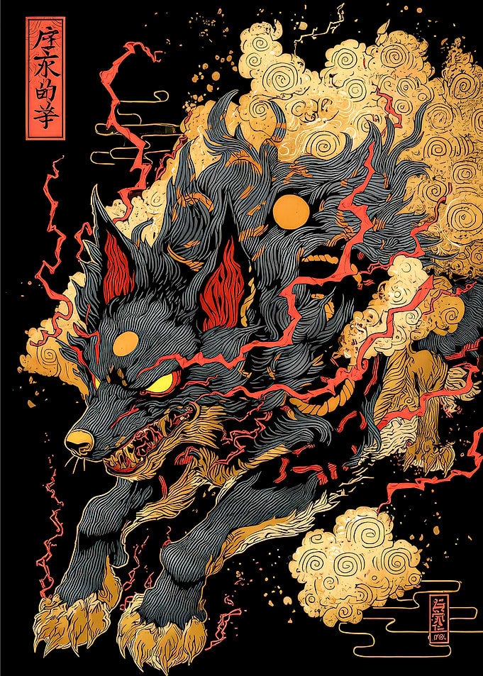 Stylized Wolf Illustration with Japanese Elements
