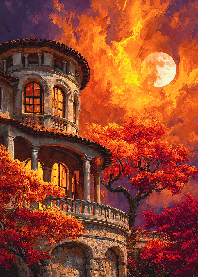 Italian Villa at Sunset with Moon