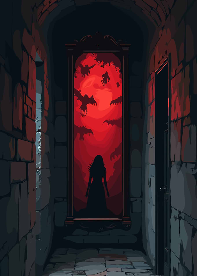 Dark Mirror in Stone Hallway