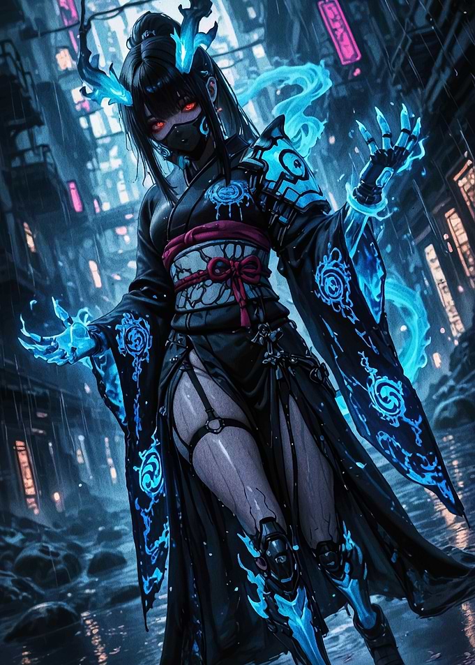 Cyberpunk Geisha in Rainy Cityscape