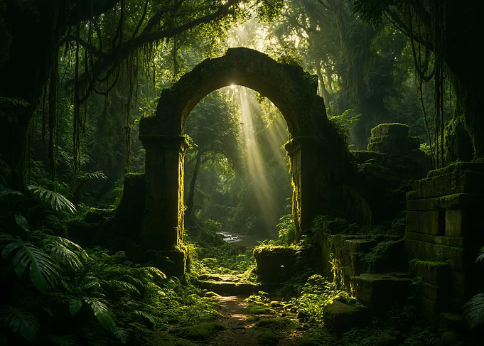 Ancient Archway in Lush Green Jungle