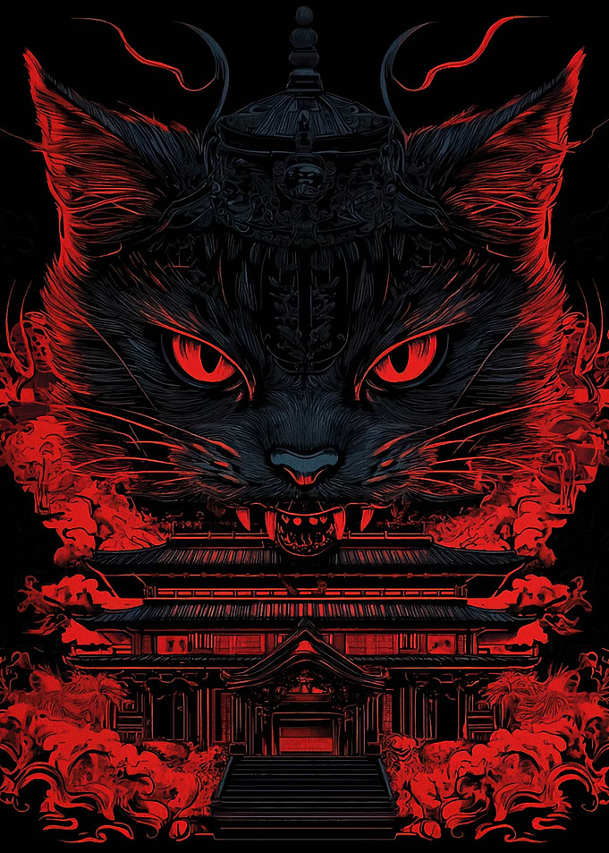 Cat and Temple Red Black Illustration