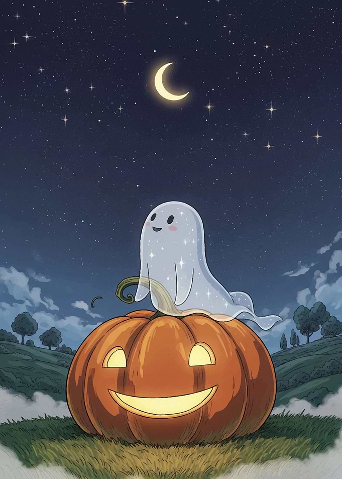 Cute Ghost on Smiling Pumpkin