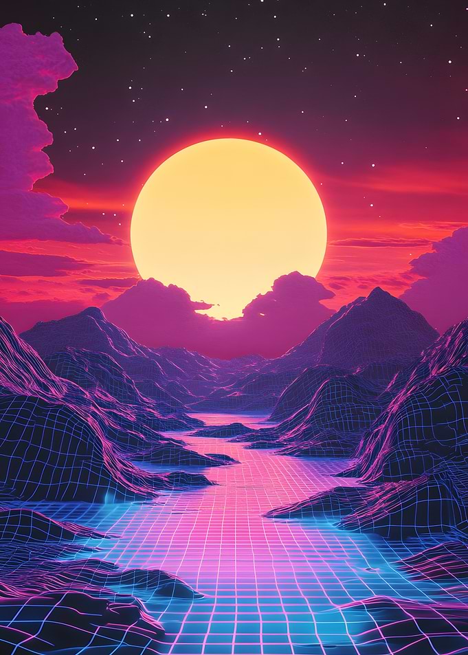 Synthwave Landscape with Sun and Grid